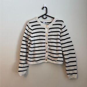 Medium GAP Black and White Striped Knit Cardigan with Gold Buttons
